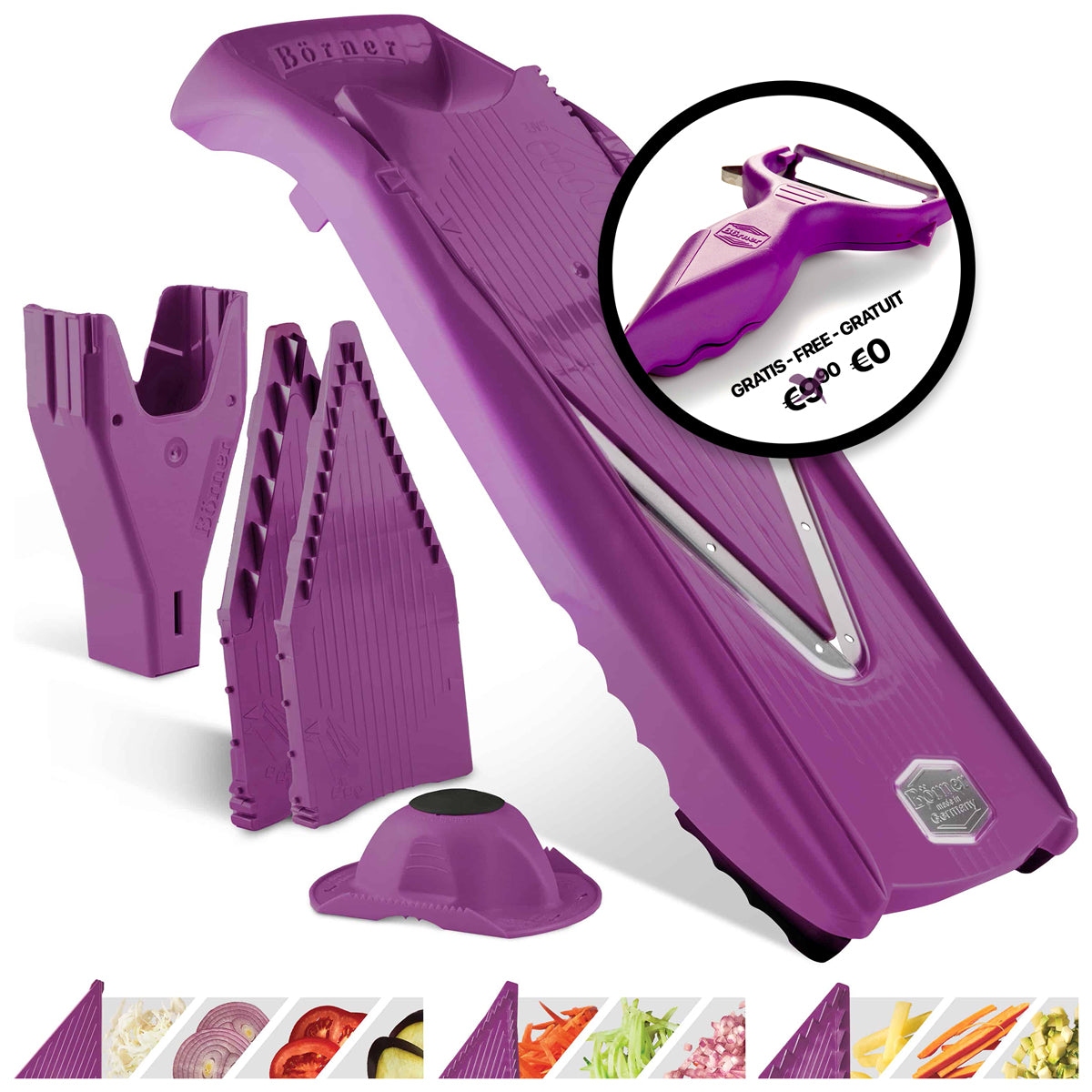 Börner Mandoline V5 PowerLine - Starter Set + GRATIS 6-in-1 dunschiller-garneermesje - PAARS